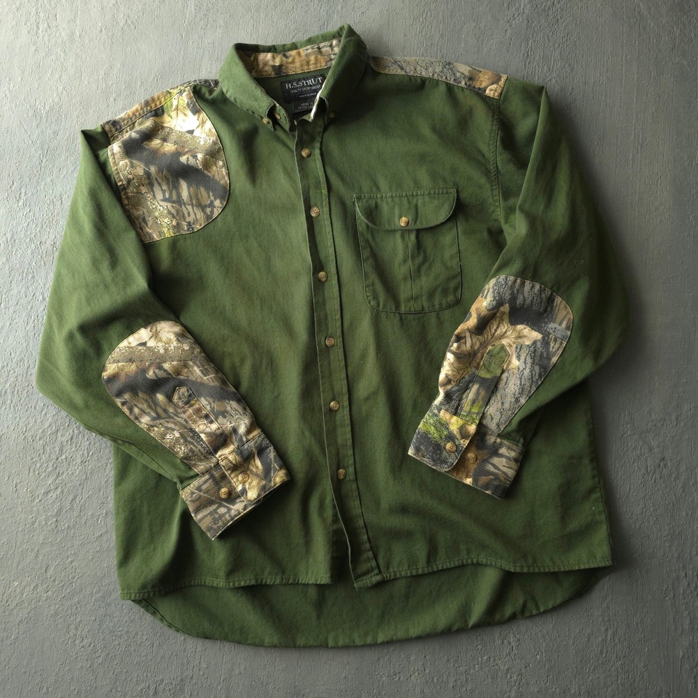 Vintage 2000s H.S. Strut Green Hunting Shirt XL Camo Trim Shooting Patches